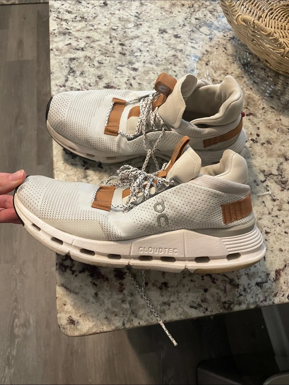 On Running womens 8 CloudTec Athletic Sneakers in White and Tan